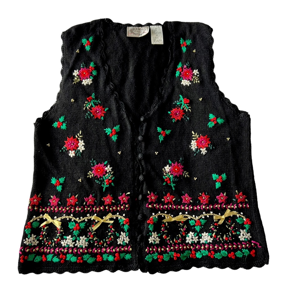 Vintage 90s Christmas Sweater Vest Cotton Knit Poinsettia Embroidered Medium
